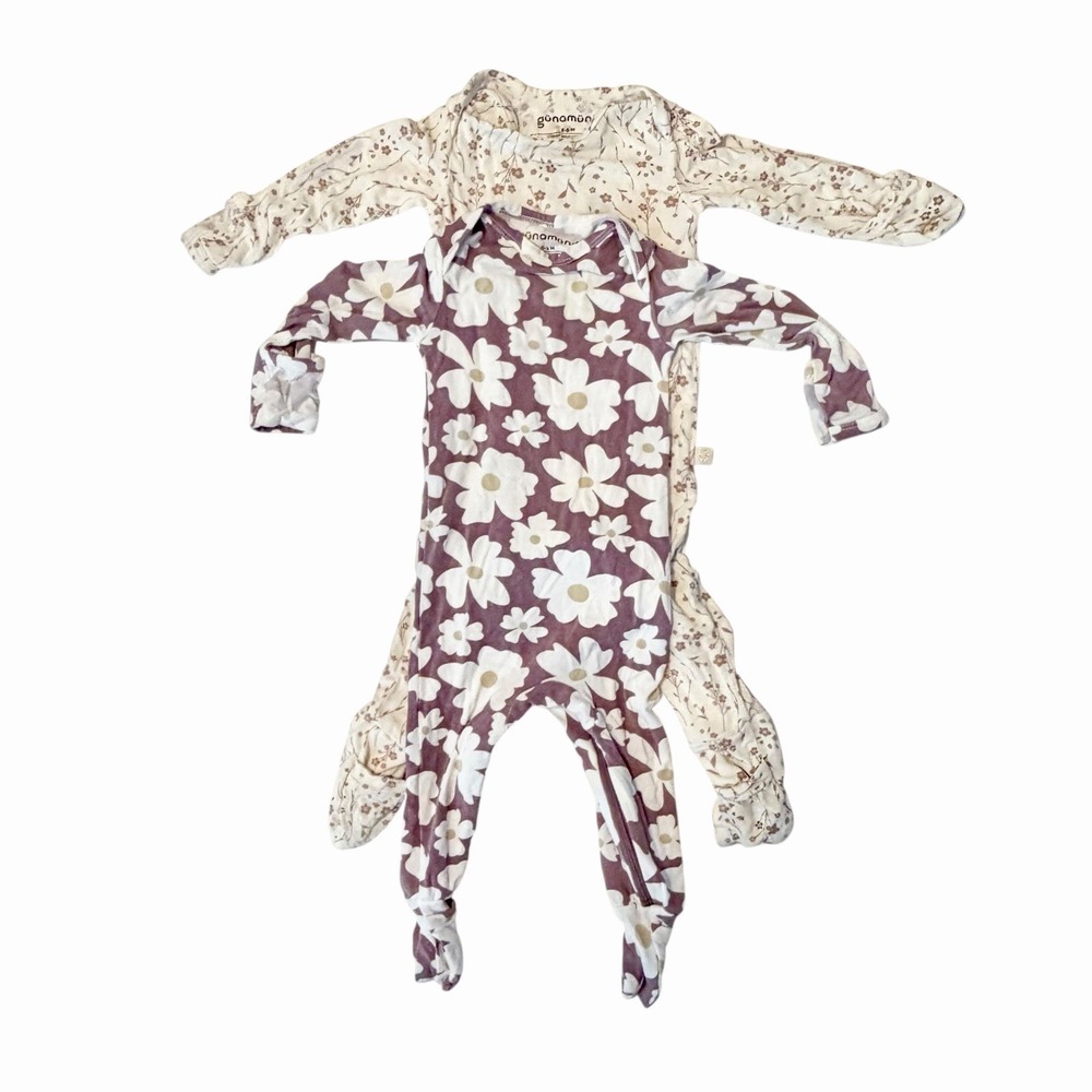 Gunamuna Bamboo One Piece Footie Pajamas x 2 Baby Girls 0-3 M 3-6 Months Zip